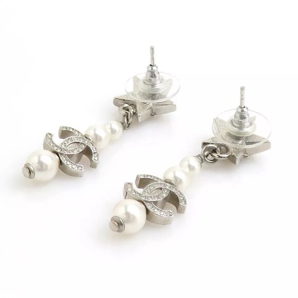 Auth CHANEL CC Logo Star Pierce Earrings Silver/White Metal/Faux Pearl - 55860i - Picture 5 of 14